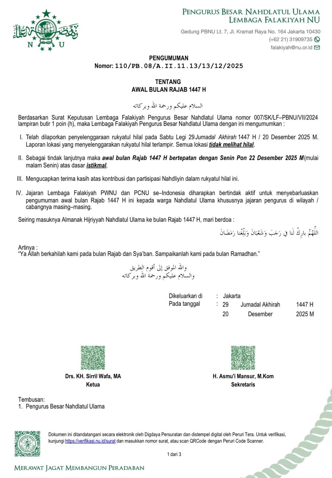 PBNU Tetapkan Awal Bulan Rajab 1447 H Dimulai Senin, 22 Desember 2025