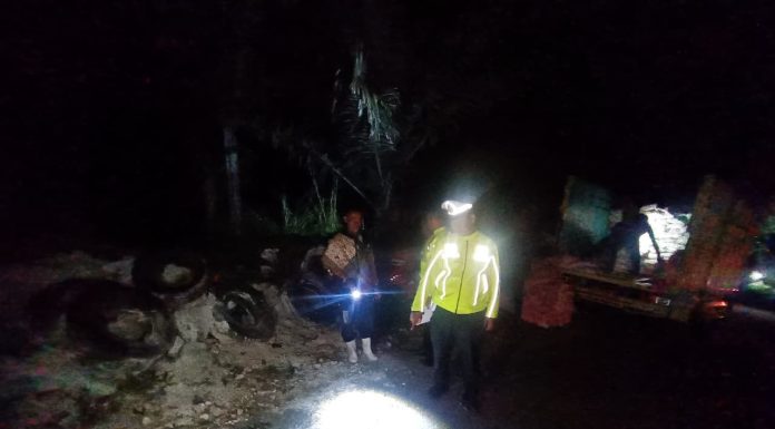 Alami Rem Blong, Truk Bermuatan 8 Ton Beras Nyungsep di Tanjakan Pengantin